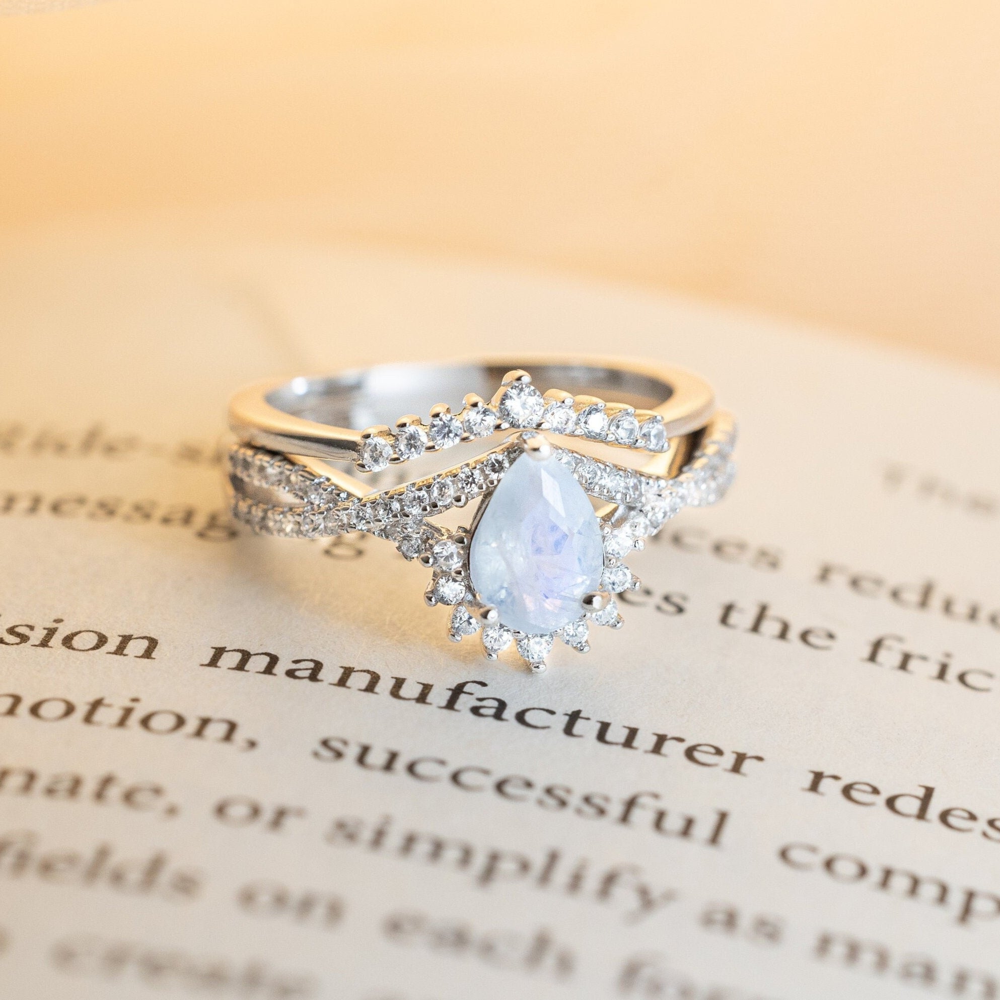 Sky Promise - Natural Moonstone Ring Set, Pear Cut Ring, Vintage Sterling Silver Ring