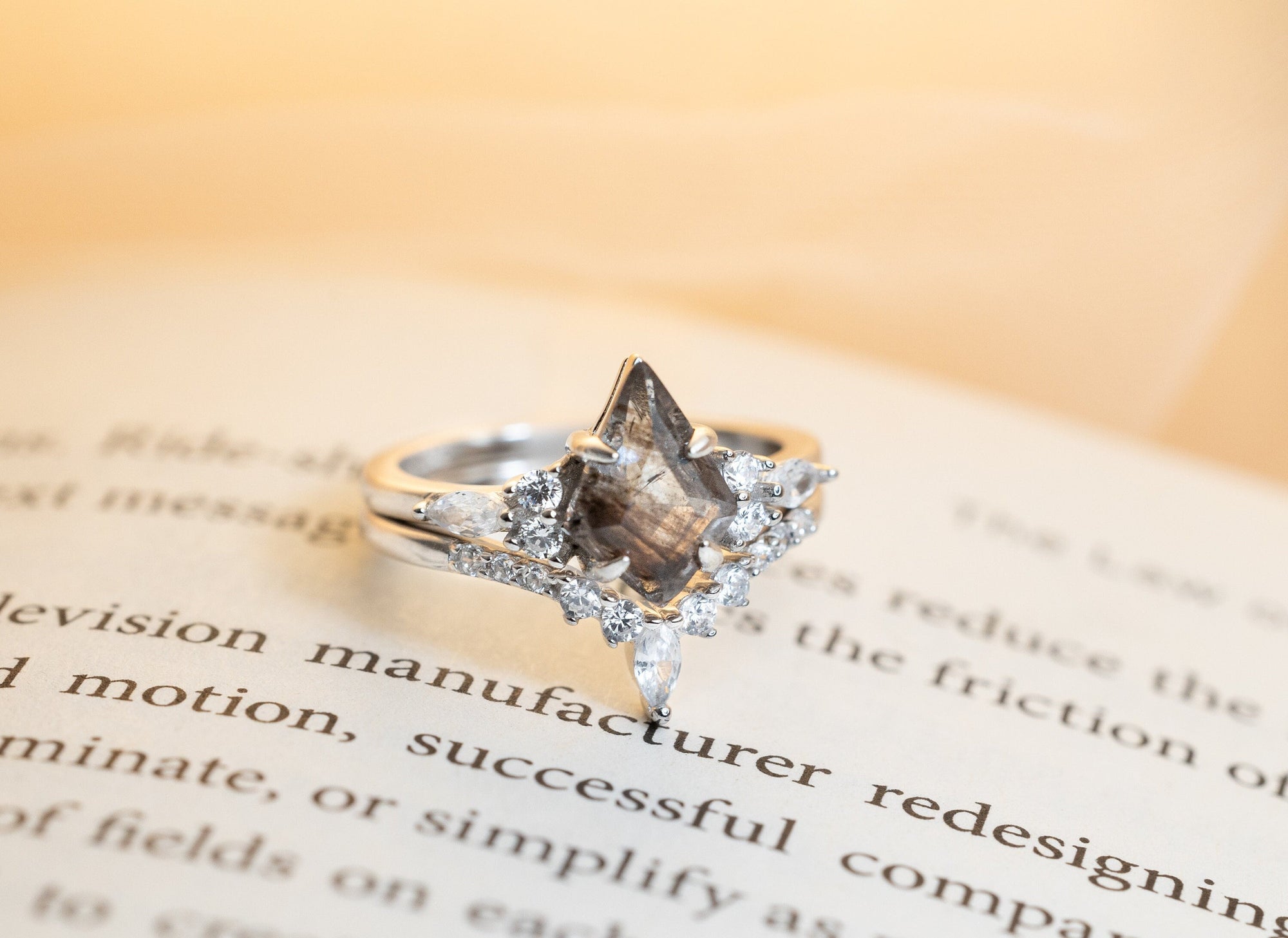 Salt and Pepper Ring, Kite Cut Diamonds Rings, Quartz Ring, Raw Salt and Pepper Diamond Ring, Skye Kite Ring, Silver Engagement Ring