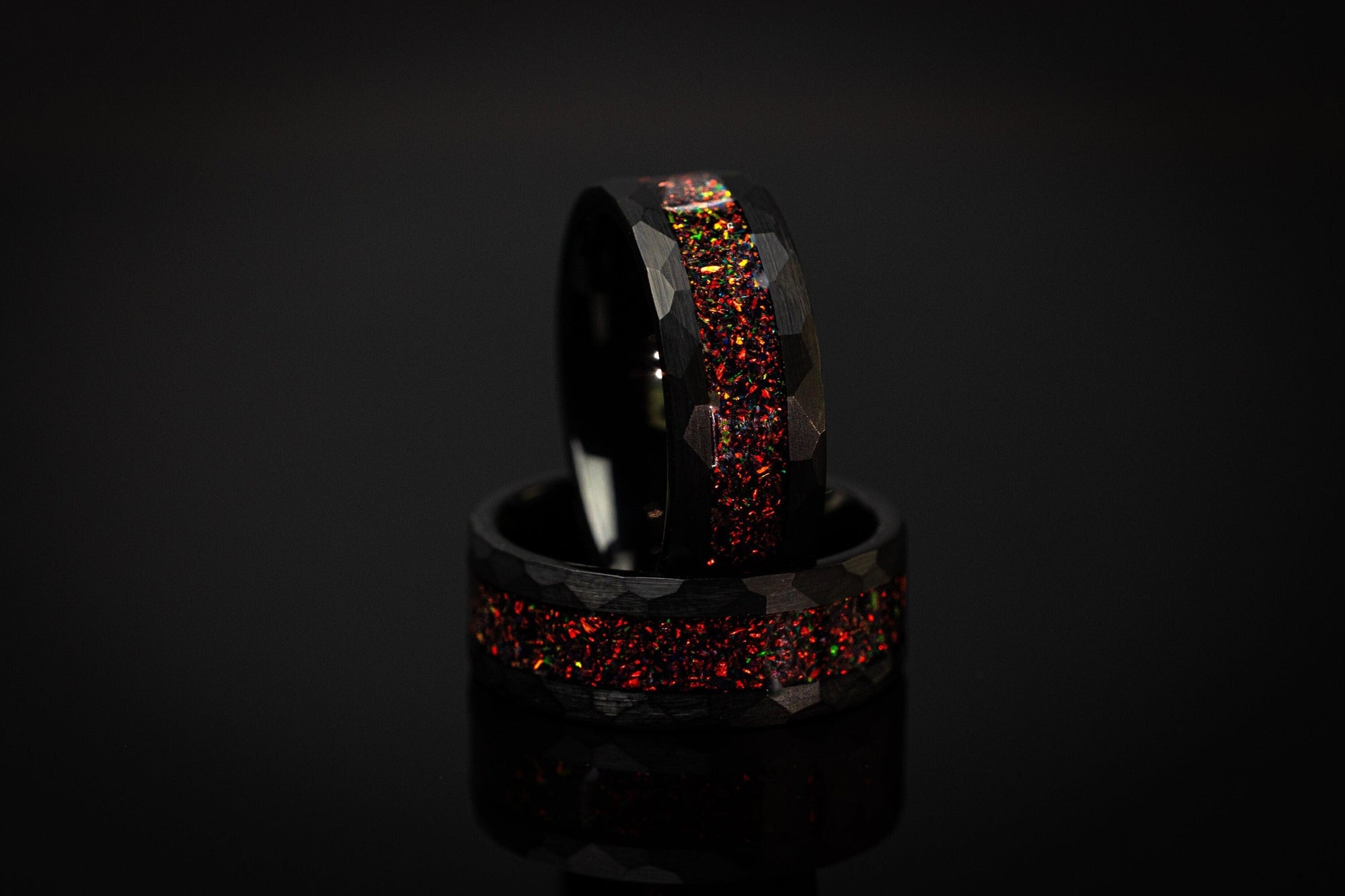 Phoenix Galaxy - Crushed Black Fire Opal, Hammered Opal Ring, 8mm