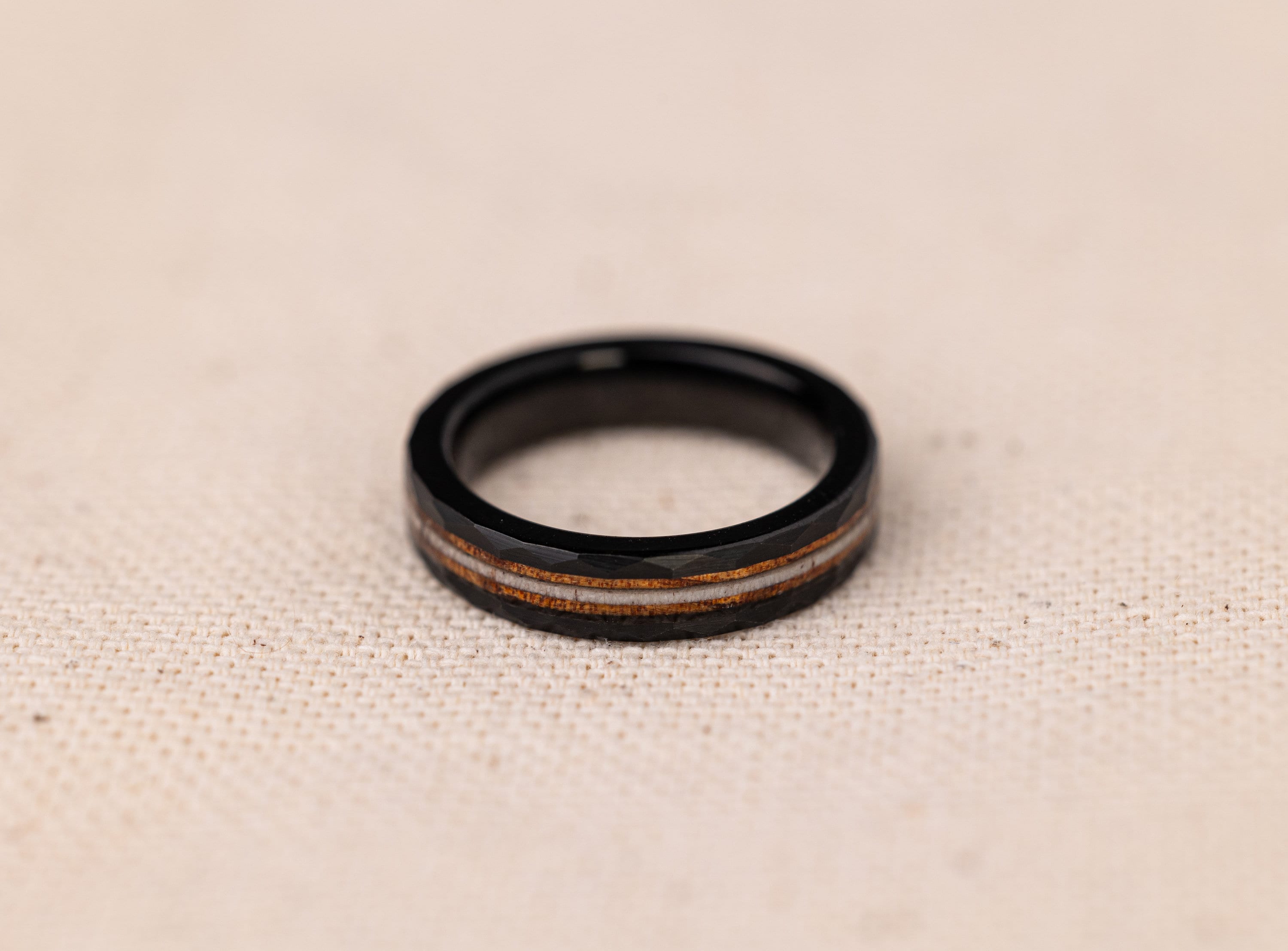 Whiskey Barrel Ring, Antler Hammered Ring, Charred Whiskey Barrel and Antler Ring, Black Wood Ring, Antler Band, Women's Wedding Band, 4mm