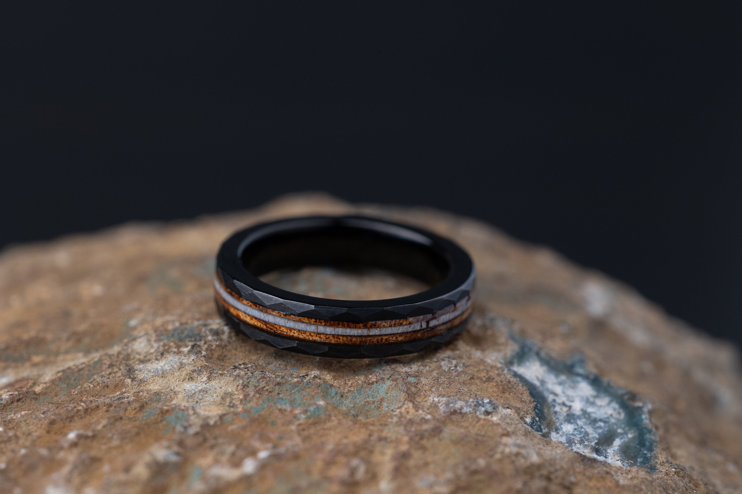 Whiskey Barrel Ring, Antler Hammered Ring, Charred Whiskey Barrel and Antler Ring, Black Wood Ring, Antler Band, Women's Wedding Band, 4mm