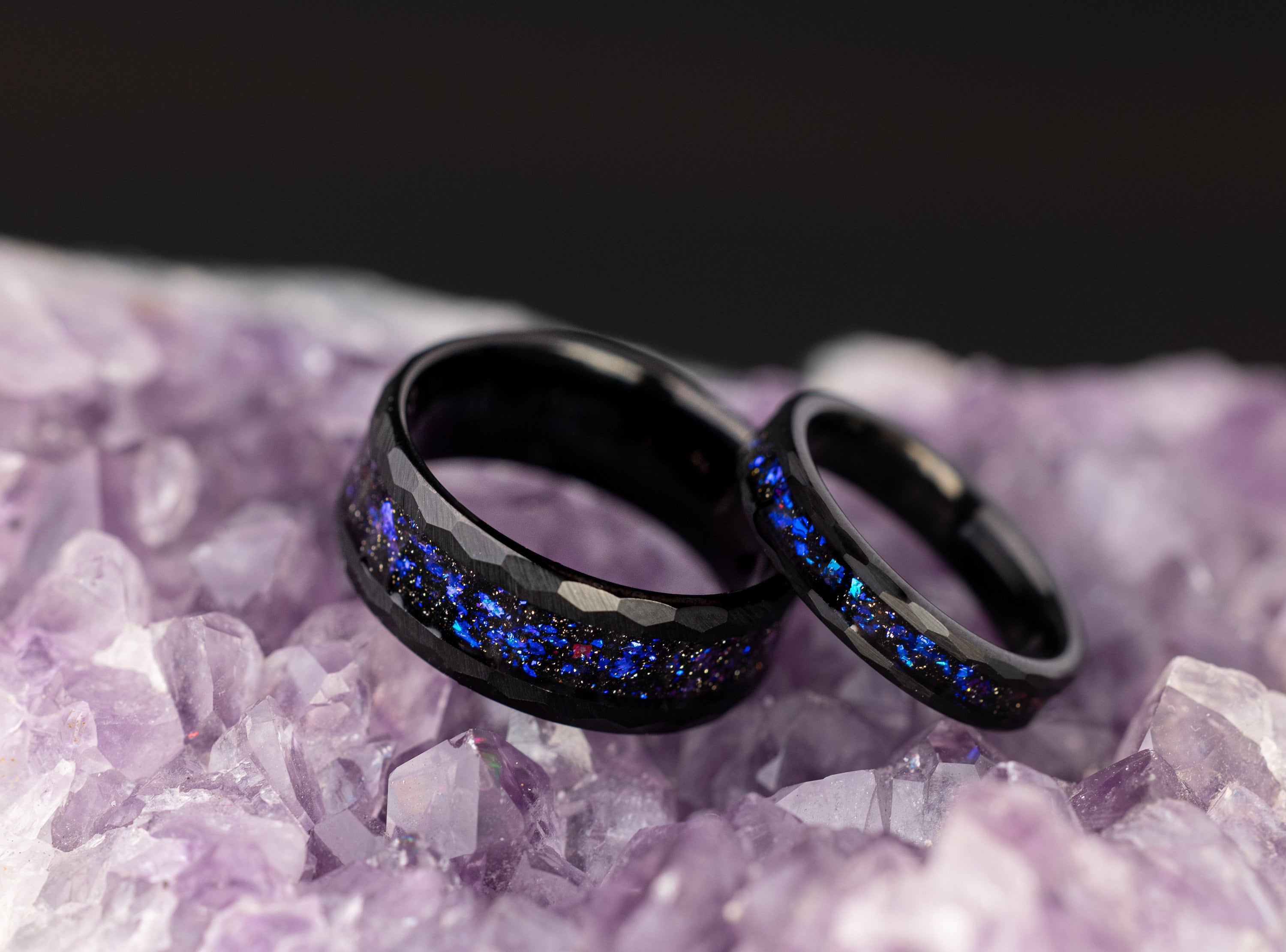 Space Galaxy Ring, Couples Set Space Galaxy Ring, His and Hers Wedding Rings, Hammered Wedding Ring Set, Black Opal and Blue Sandstone Ring