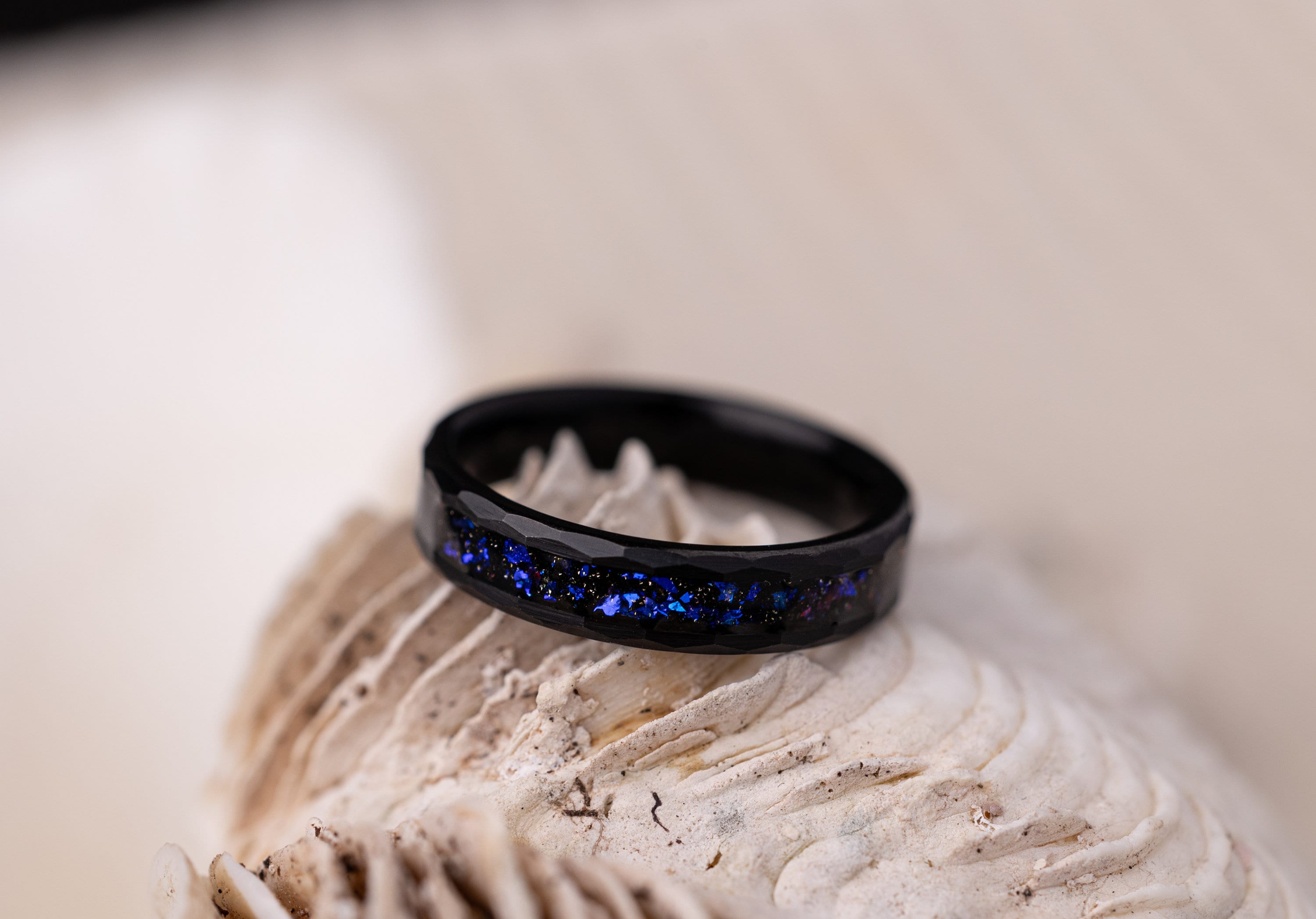 Space Galaxy Ring, Couples Set Space Galaxy Ring, His and Hers Wedding Rings, Hammered Wedding Ring Set, Black Opal and Blue Sandstone Ring