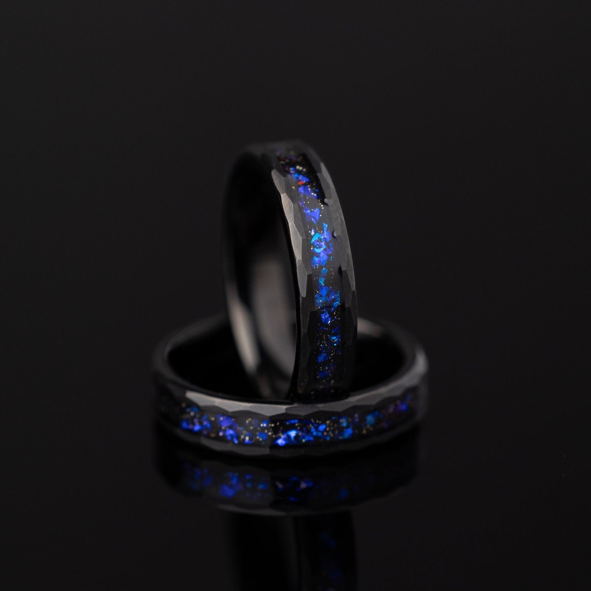 Space Galaxy Ring, Nebula Hammered Ring, Hammered Women's Ring, Black Opal and Blue Sandstone Ring, Nebula Space Ring for Women, 4mm