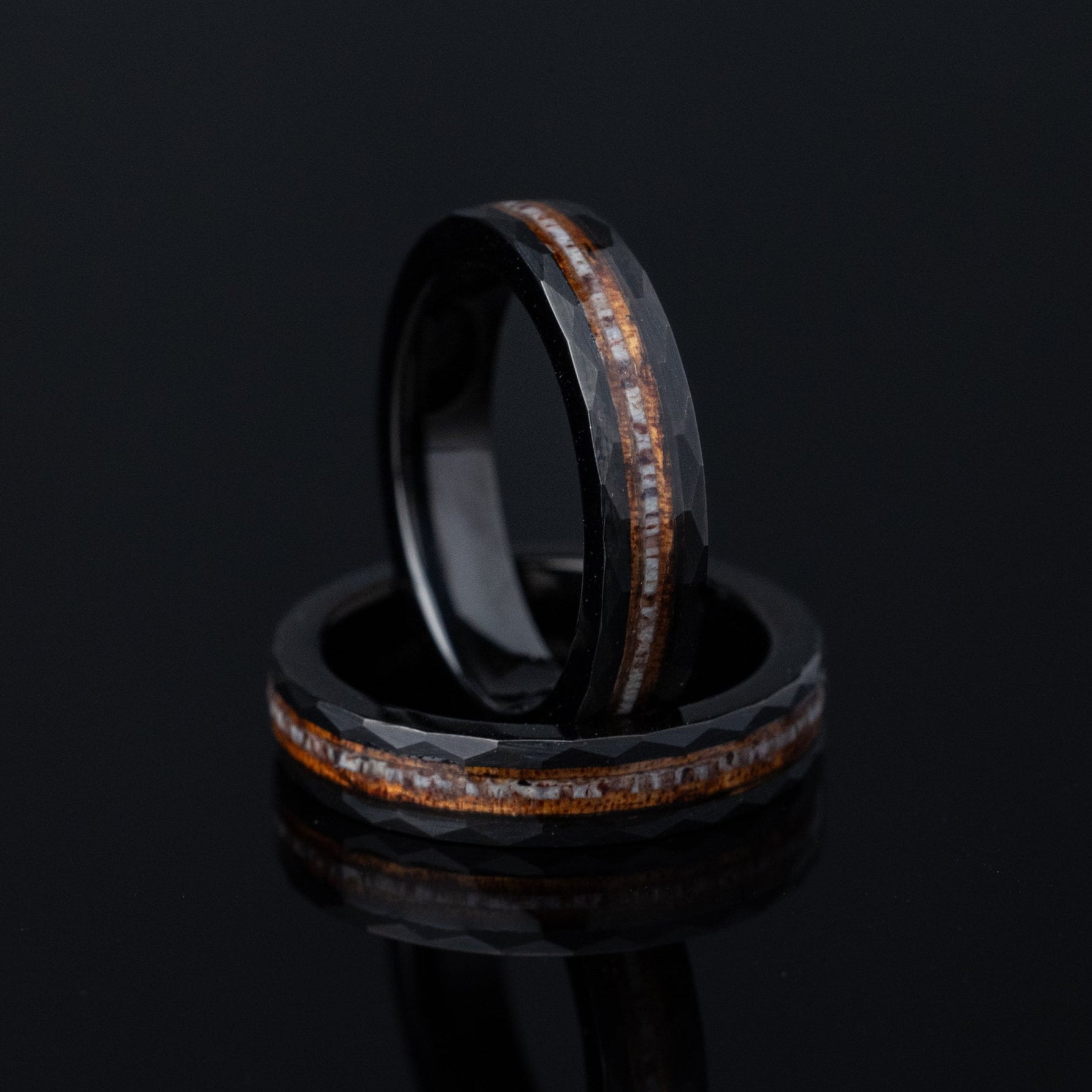 Whiskey Barrel Ring, Antler Hammered Ring, Charred Whiskey Barrel and Antler Ring, Black Wood Ring, Antler Band, Women's Wedding Band, 4mm