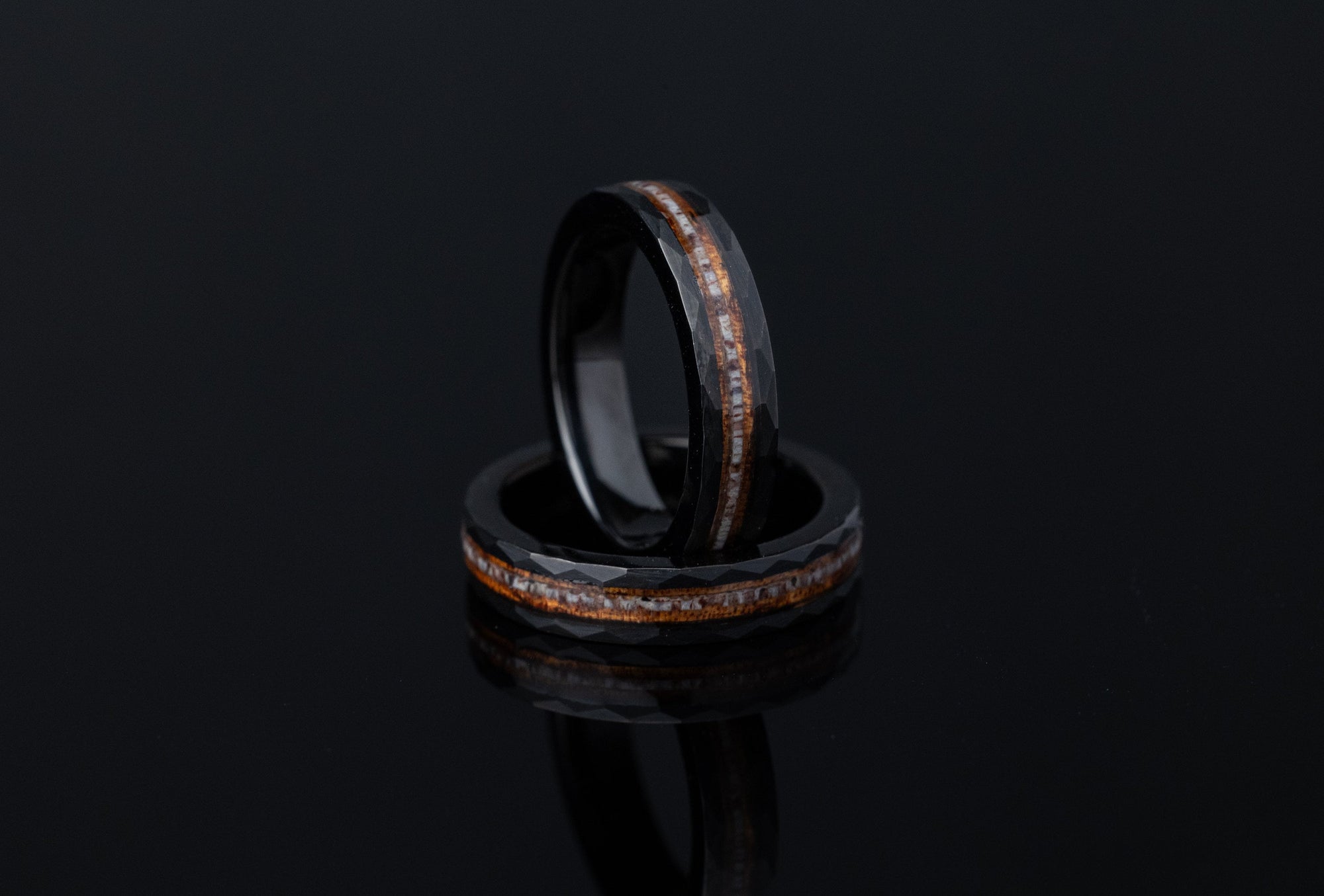 Whiskey Barrel Ring, Antler Hammered Ring, Charred Whiskey Barrel and Antler Ring, Black Wood Ring, Antler Band, Women's Wedding Band, 4mm